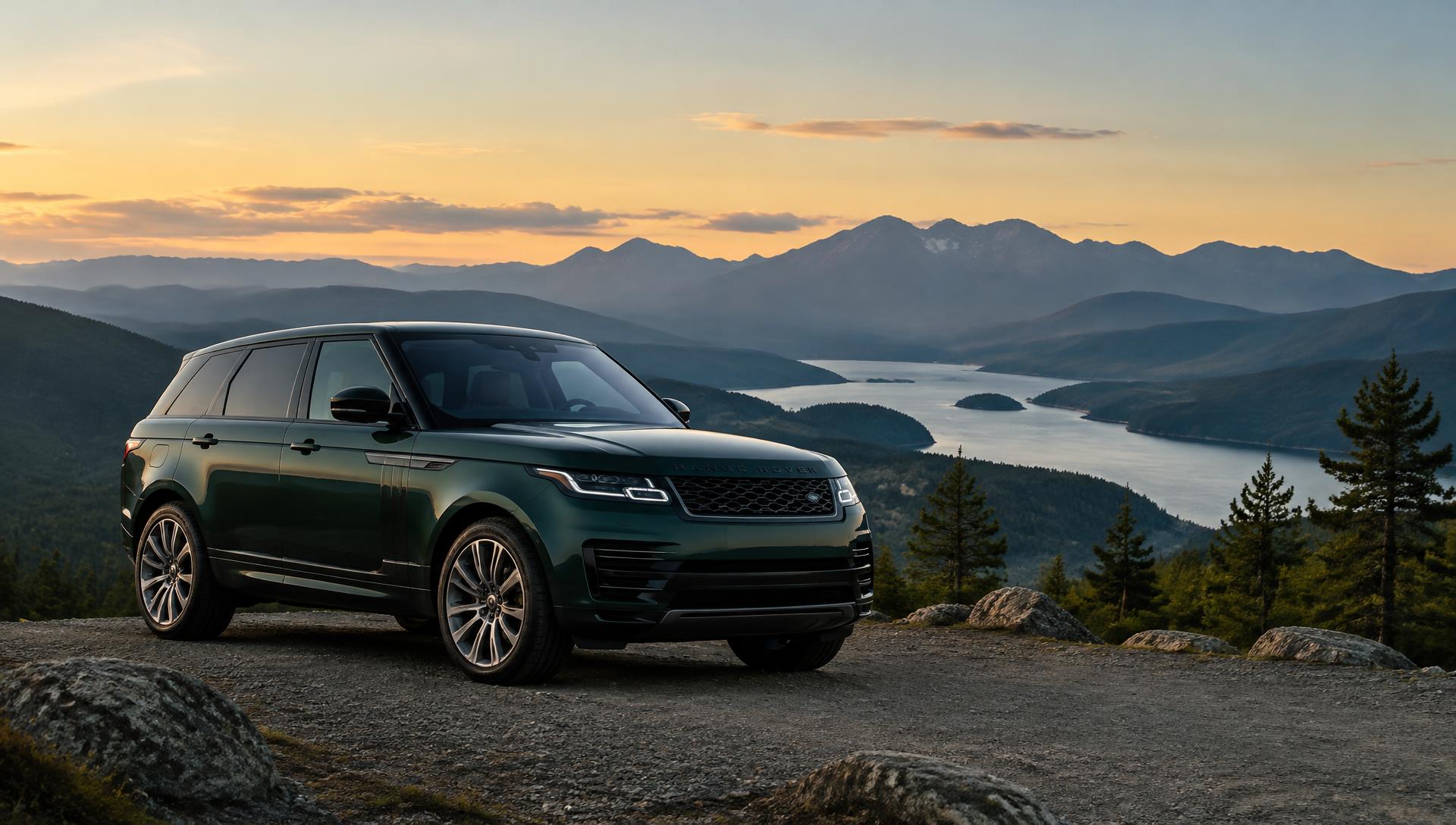 Dark green SUV parked at a mountain overlook above a lake at golden hour